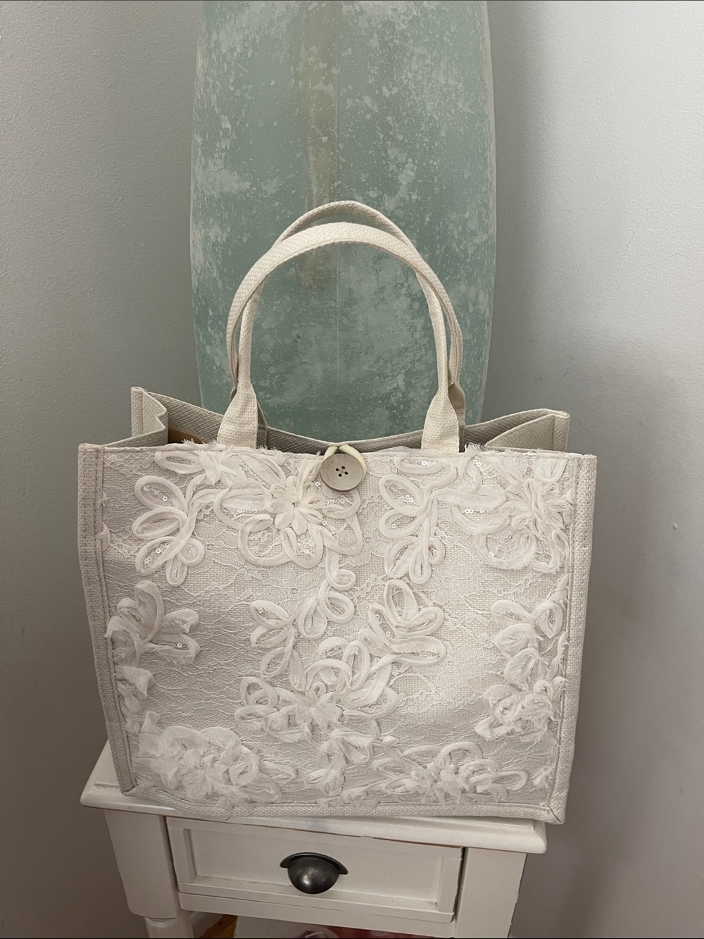 White Floral Lace Tote Bag with Sequins